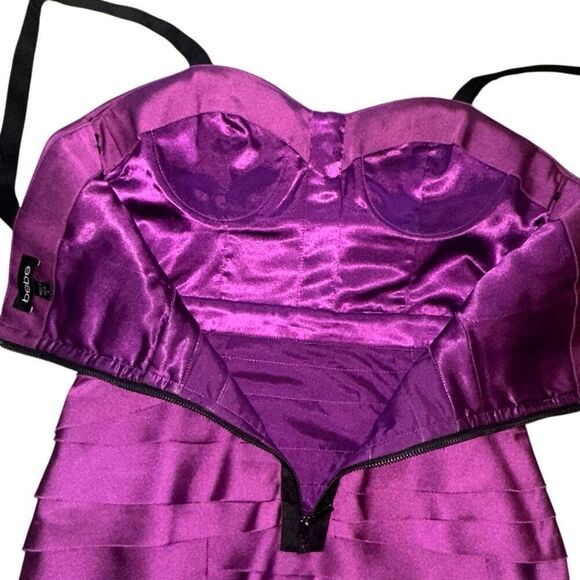 NWOT BEBE LUCIA size M Bodycon Satin Party Mini Dress Violet/ black sexy - Picture 5 of 8